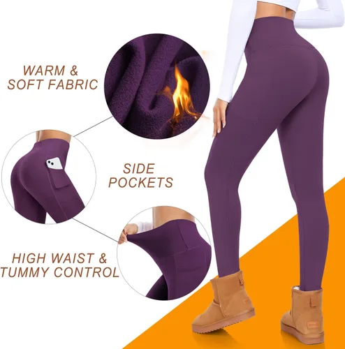 Vista 5 de MOREFEEL Leggings con forro polar con bolsillos para mujer, cintura alta, térmicas, control de abdomen, pantalones de yoga, mallas de entrenamiento