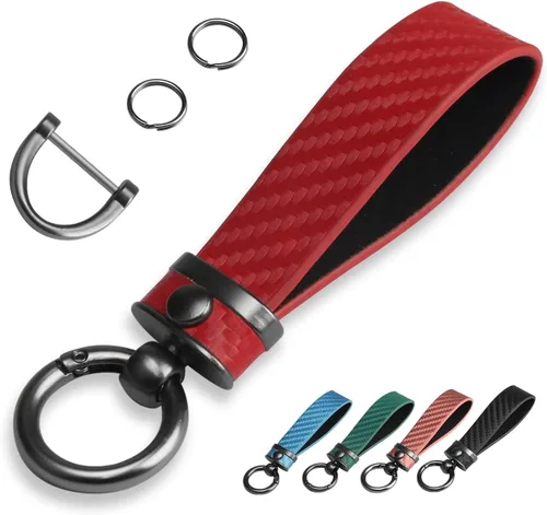 Vista 8 de QBUC Llavero de coche estilo fibra de carbono, llavero portallaves de cuero de microfibra para hombres y mujeres, con giratorio de 360 grados, Negro