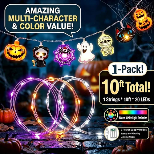 Vista 2 de Guirnalda de luces de Halloween, 10 pies, 20 luces LED de otoño, USB y batería, decoración de Halloween, luz de otoño, 8 modos intermitentes, bonita
