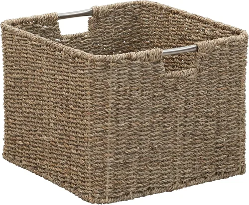 Vista 12 de Household Essentials Cesta tejida cuadrada, cubo de cuerda de papel con asas de acero inoxidable, gris
