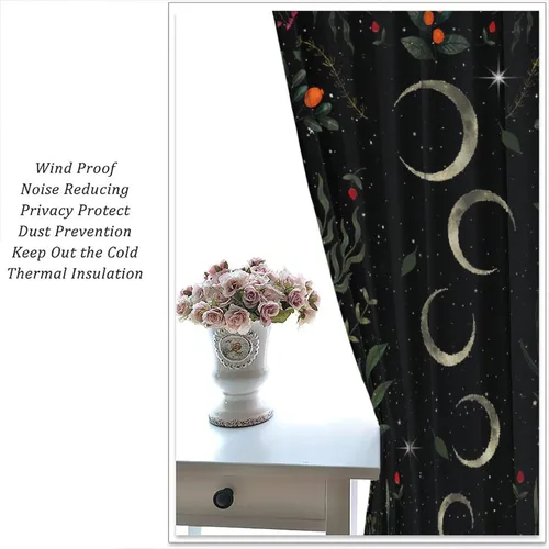 Vista 5 de Cortinas retro de luna, bosque mágico con hojas iluminadas por la luna, cortinas de plantas, diseño gótico floral de cielo estrellado para ventana