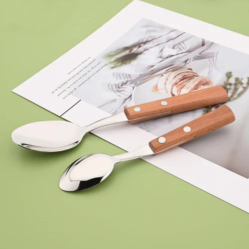 Vista 3 de Juego de 8 cucharas de espresso, juego de cubiertos de acero inoxidable 304 con mango de madera, cucharas pequeñas para postre, té, aperitivo, café