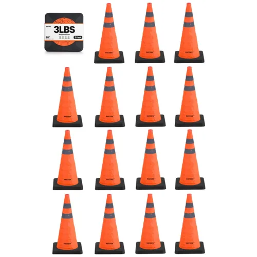 Vista 20 de BATTIFE [1 Paquete] Conos azules plegables de seguridad de tráfico de 28 pulgadas con base negra pesada, conos emergentes multiusos con collar