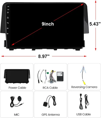 Vista 9 de Radio Android estéreo para Honda Civic 2016-2021, Biorunn 9 pulgadas GPS inalámbrico con cable Car-Play Android Auto IPS pantalla táctil navegación