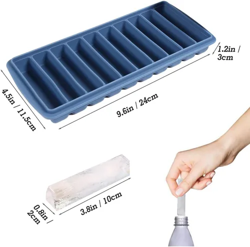 Vista 3 de LessMo 2 bandejas para cubitos de hielo, bandeja larga para palitos de hielo de silicona con tapa, palo estrecho rectangular, reutilizable, Azul