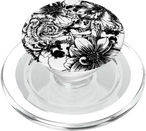 Vista 8 de PopSockets de calaveras florales en blanco y negro intercambiable PopGrip