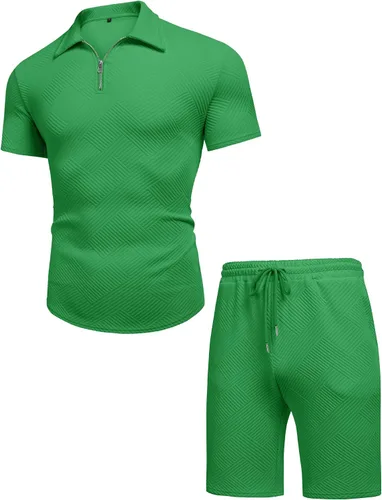 Vista 4 de URRU Conjunto de camisa polo y pantalones cortos para hombre trajes de verano a la moda casual manga corta traje polo para hombre 2 piezas