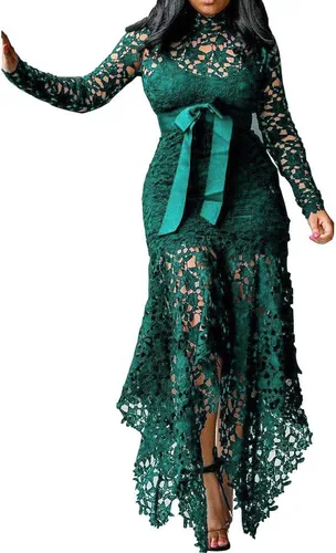 Vista 8 de VERWIN - Vestido largo de encaje, hueco, asimétrico, sexy, multiusos, para mujer Negro