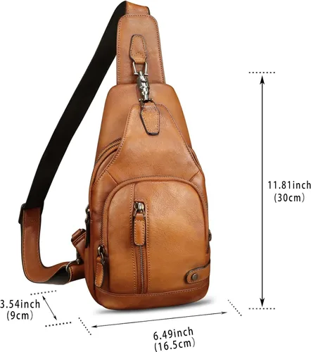 Vista 5 de IVTG Bolso bandolera de cuero genuino para hombres y mujeres, mochila vintage para el pecho, bolso cruzado para viajes y ciclismo, Marrón, Mediana