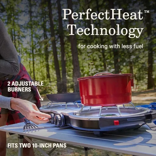 Vista 5 de Coleman Fold ‘N Go 2-Burner Propane Stove, Dual Adjustable Burners with 20,000 BTUs of Power & InstaStart Ignition, Great for Camping, Tailgating