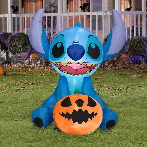 Vista 2 de Gemmy Stitch inflable de Halloween, decoración de patio de Disney iluminada de 3 pies de alto con Jack O'Lantern, decoración al aire libre