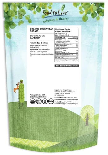 Vista 2 de Food to Live - Grañones de trigo sarraceno orgánicos, 8 onzas – Semillas de trigo sarraceno integral de Food to Live. Descascaradas, sin OGM
