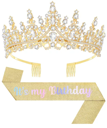 Vista 17 de Tiara de cumpleaños y corona con banda, tiara de cumpleaños para fiesta de mujeres (rosa)