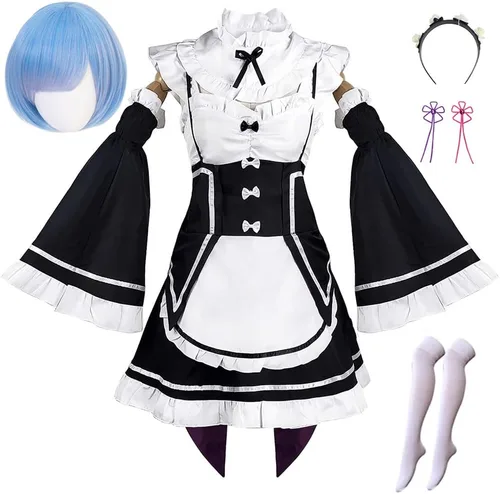 Vista 3 de Lmetsky Rem Ram Disfraz de Cosplay Vestido Disfraz de Natsuki Subaru Re Zero Conjunto de Cosplay Uniforme de Sirvienta Halloween