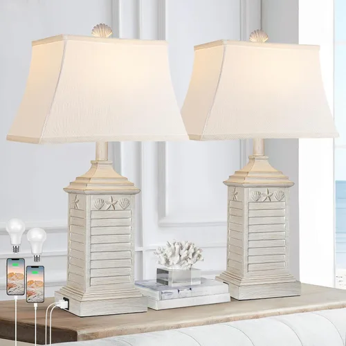 Vista 8 de Hamucd Juego de 2 lámparas de mesa para sala de estar, lámparas de mesita de noche blancas costeras para dormitorio con USB A+C modernas, salida