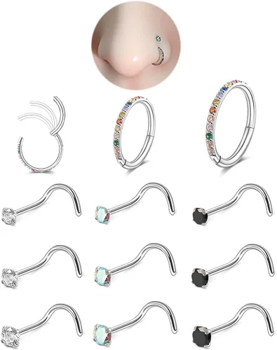 Vista 25 de Nose Rings Hoop and Nose Studs Sets for Women Men,Hypoallergenic 316L Surgical Stainless Steel Hinged Clicker Segment Nose Rings Hoop Helix