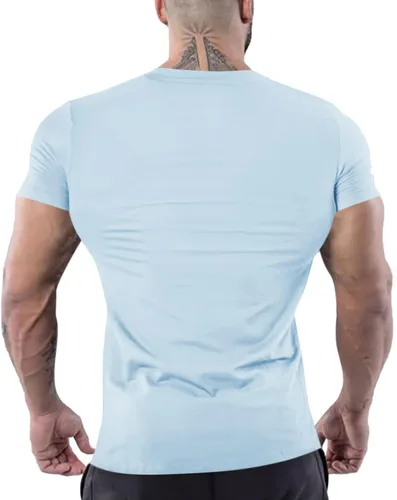 Vista 4 de Uni Clau Camisetas musculares para hombre, camisetas de manga corta a la moda, camiseta de entrenamiento atlético para gimnasio