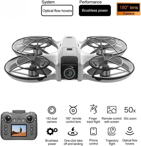 Vista 3 de Drone RC con pantalla de visualización, helicóptero de avión con cámaras dobles (ajustable a 180°), protección de hélice de 360°, posicionamiento