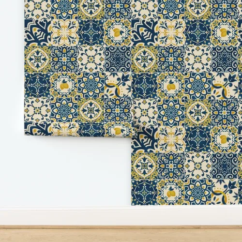 Vista 4 de Papel tapiz para despegar y pegar – Azulejos amarillos Limones Cheater Quilt Italiano Mediterráneo Azulejos Siciliano Karge Escala Toscana, Papel