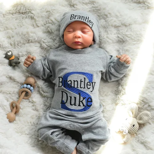 Vista 3 de Personalized Sleeper Baby Coming Home Outfit, Personalized Neutral Naby Romper and Hat Set Custom Infant Boy Coming Home Outfit Baby Shower Gift