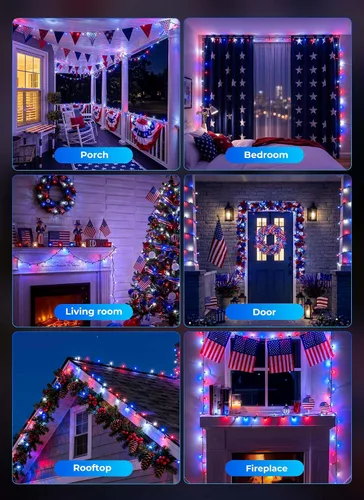 Vista 7 de Minetom Tira de luces LED de Navidad, color rojo, blanco y azul, 100 unidades, 20 pies, decoración del 4 de julio, decoración del día