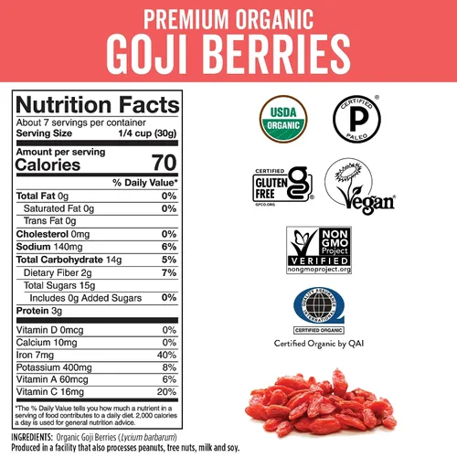 Vista 6 de Viva Naturals Bayas de Goji Orgánicas Secas, 8 oz (227 g) – Sin OGM, Veganas, Perfectas para Té de Bayas de Goji, Batidos, Horneado y Botanas