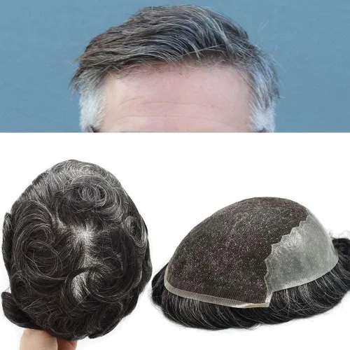 Vista 26 de Toupee para hombres, sistema de reemplazo de cabello humano Remy, nudos blanqueados, encaje frontal, piel fina, para hombre, color gris, pelucas