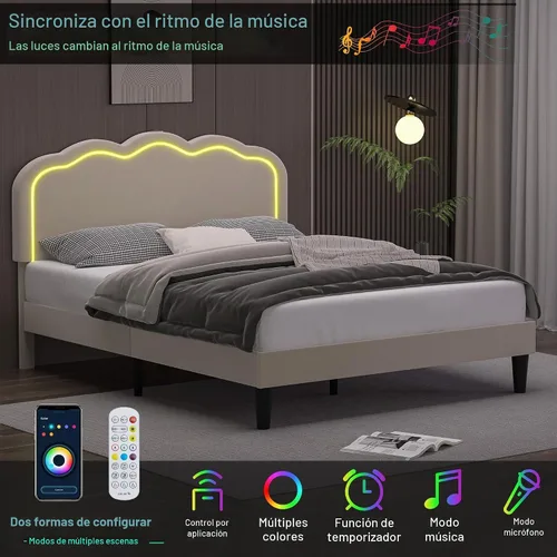 Vista 3 de VECELO - Base de cama tapizada tamaño matrimonial con cabecera ajustable, luces LED, USB-A y tipo-C, plataforma de cama de terciopelo sin ruido
