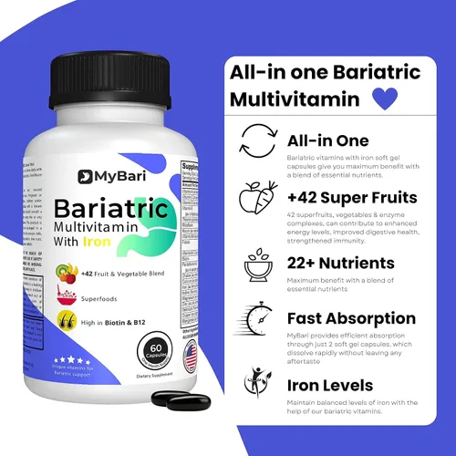 Vista 2 de Multivitamínico bariátrico todo en uno con hierro, fabricado en Estados Unidos, para hombres y mujeres, soporta manga gástrica y bypass con más