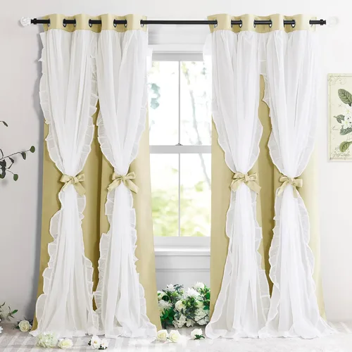 Vista 22 de PONY DANCE Cortinas con Volantes de Doble Capa con Superposición Transparente, Decoración Elegante para Ventanas de Diseño Rústico Francés de Campo