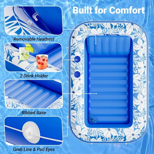 Vista 3 de SplashNSpray Flotadores de piscina inflables para adultos, 70 x 46 pulgadas, para broncearse, tumbona con reposacabezas y portavasos