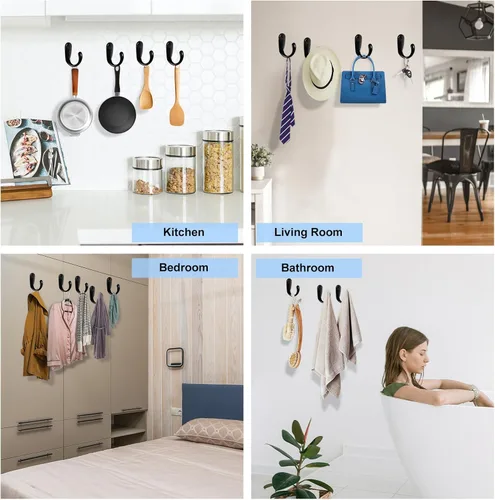 Vista 7 de Kruodop Paquete de 4 Ganchos de Pared Ganchos de Pared Montados para Colgar Servicio Pesado, Ganchos Negros para Toallas, Colgador de Abrigo