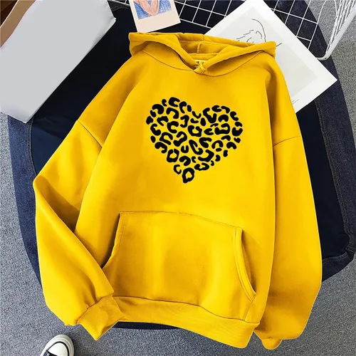 Vista 4 de Sudadera con capucha para mujer, manga larga, con estampado de corazón, con cordón, ajustada, elegante, casual, con bolsillo