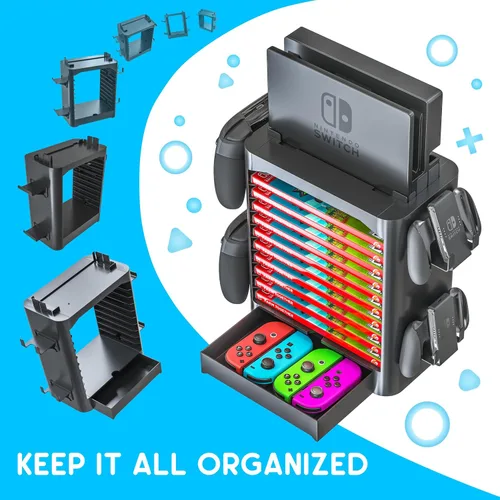 Vista 2 de Skywin Game Storage Tower and Controller Stand, Universal Game Holder & Console Stand with Left & Right Controllers, Game Disc Organizer