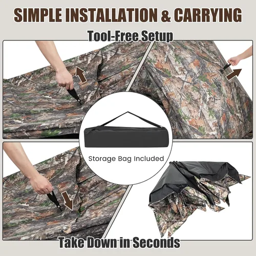 Vista 4 de GYMAX Persiana de caza, para 3 personas, con diseño de ciervo de camuflaje con deslizamiento silencioso, ventanas, bolsa de transporte, persiana