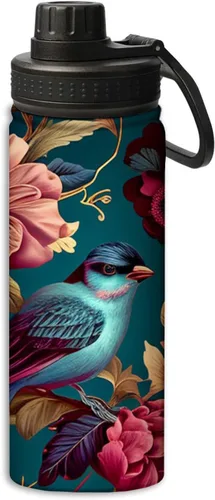 Vista 27 de Botella de agua aislada de acero inoxidable de doble pared con diseño de peonía roja y flor de peonía y pájaro de 18 onzas, botella de agua que