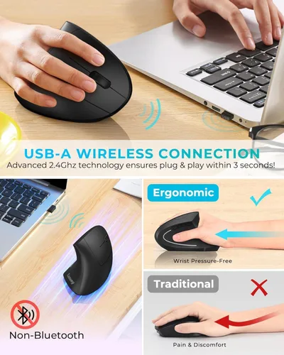 Vista 3 de Lekvey Ratón ergonómico, ratón inalámbrico vertical USB recargable 2.4G