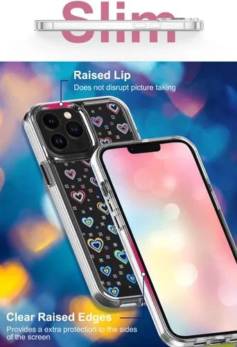 Vista 2 de Jusy Compatible con iPhone 13 Pro, funda holográfica con diseño de corazón iridiscente y transparente Kawaii para mujer, diseño de arco iris