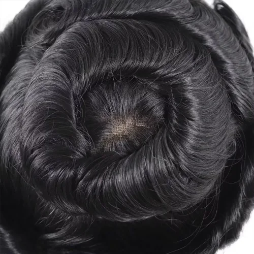Vista 6 de HAPPY&CC Toupee - Sistema de reemplazo de cabello humano real para hombre, transpirable, piel fina, encaje suizo, densidad media de luz