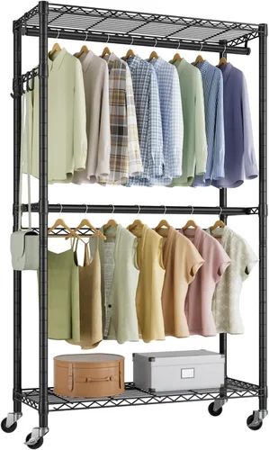 Vista 15 de Estante para ropa resistente con ruedas, estante enrollable para prendas, estantes ajustables de alambre de 3 niveles para colgar ropa con barras
