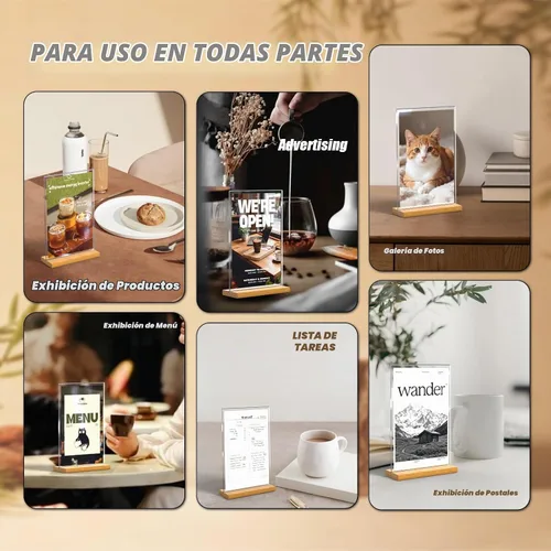 Vista 8 de Soporte acrílico de 4 x 6 pulgadas con base de madera de haya, soporte de exhibición de menú de doble cara, marco de código QR, letrero de mesa