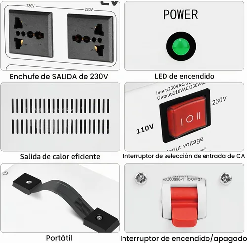Vista 6 de LVYUAN - Transformador de voltaje de 2500 W elevador y descendente de 110/120 V a 220/240 V 4 multi-socket(2US+2Universal), resettable MCB
