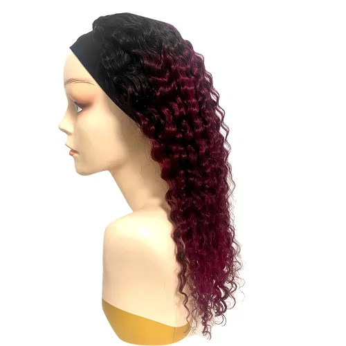 Vista 2 de Peluca con Diadema de Cabello Humano 1B/99J Borgoña Peluca con Diadema de Ondas Profundas Peluca con Diadema Rizada de Color Rojo Sin Pegamento