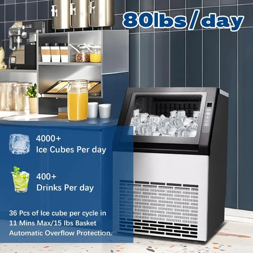Vista 6 de DOGHLY Máquina de hielo comercial de 80 libras/24 horas, 36 cubos listos en 10-15 minutos, almacenamiento de 15 libras, autolimpieza, temporizador