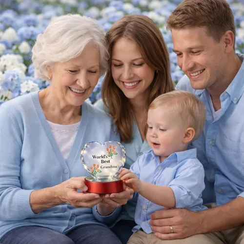 Vista 5 de Corazón para la abuela con luz LED con la leyenda "World 's Best Grandma" Corazón de vidrio grabado corazón en base de luz LED.