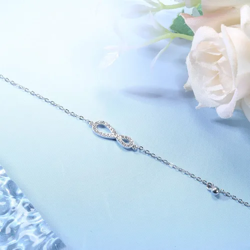 Vista 4 de Sllaiss Pulsera de plata de ley 925 con infinito para mujer, cadena de eslabones pequeños, ajustable, 6 pulgadas para aniversario