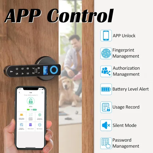 Vista 7 de Cerradura de puerta de entrada sin llave con código RFID tarjeta NFC APP Keypad, manija de puerta interior biométrica inteligente automática