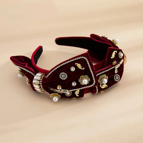 Vista 4 de YARN & INK Cintas para el cabello de mujer con perlas barrocas de terciopelo y lazo de strass, estilo retro vintage hecho a mano, elegante accesorio