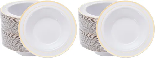 Vista 9 de N9R 30 cuencos de sopa desechables con relieve dorado, cuencos de plástico de 12 onzas para vacaciones, fiestas, bodas, catering y uso diario