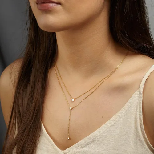 Vista 2 de foyjoey Collar de cadena de gota de cruz chapada en oro con forma de Y, doble corazón, estrella, perla larga, collar para mujer, acero inoxidable